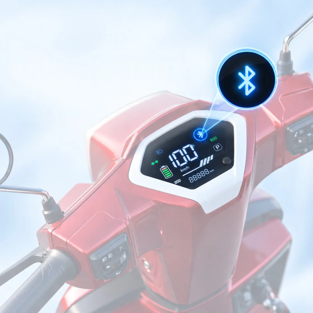 Digital instrument cluster showing speed, battery, ECO and park modes, with a Bluetooth symbol lit